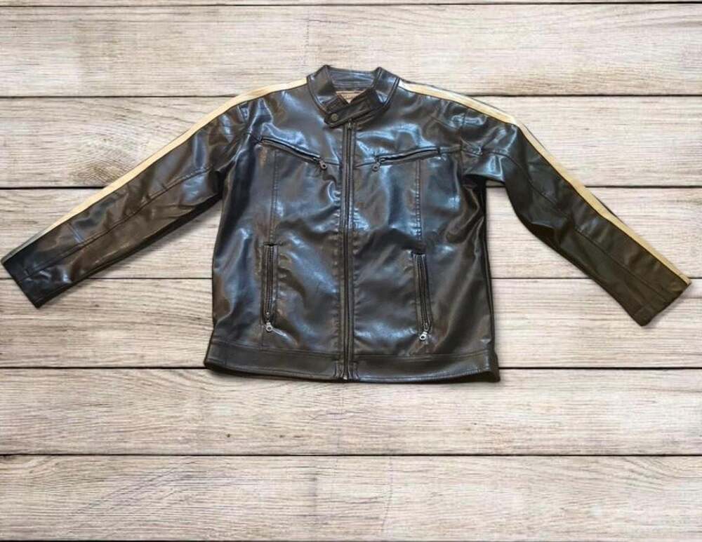 Machine Clothing Company Men's Faux Leather Moto Jacket with Striped Sleeves